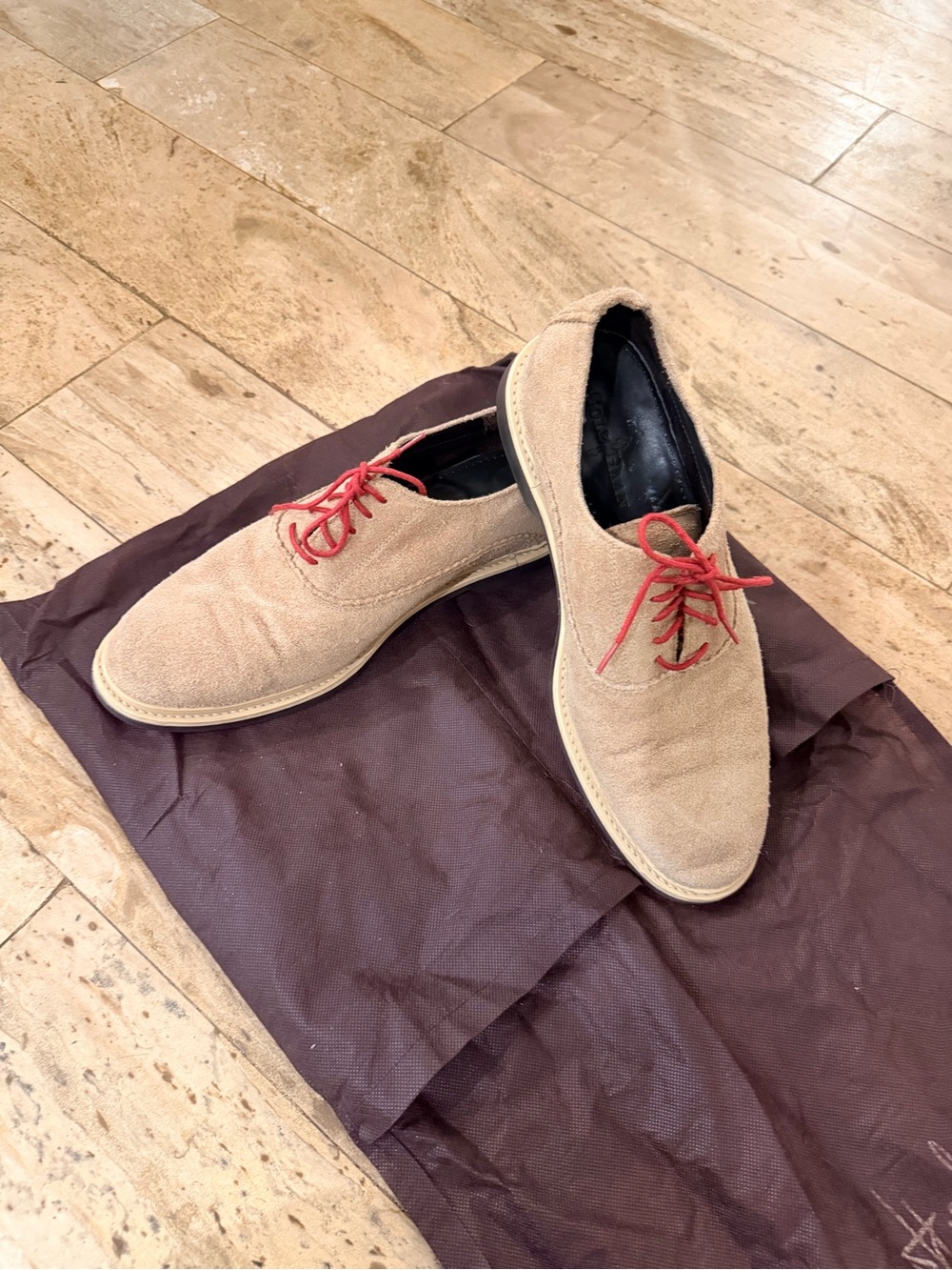 Cole Haan Tan Suede Derby Shoes with Red Laces